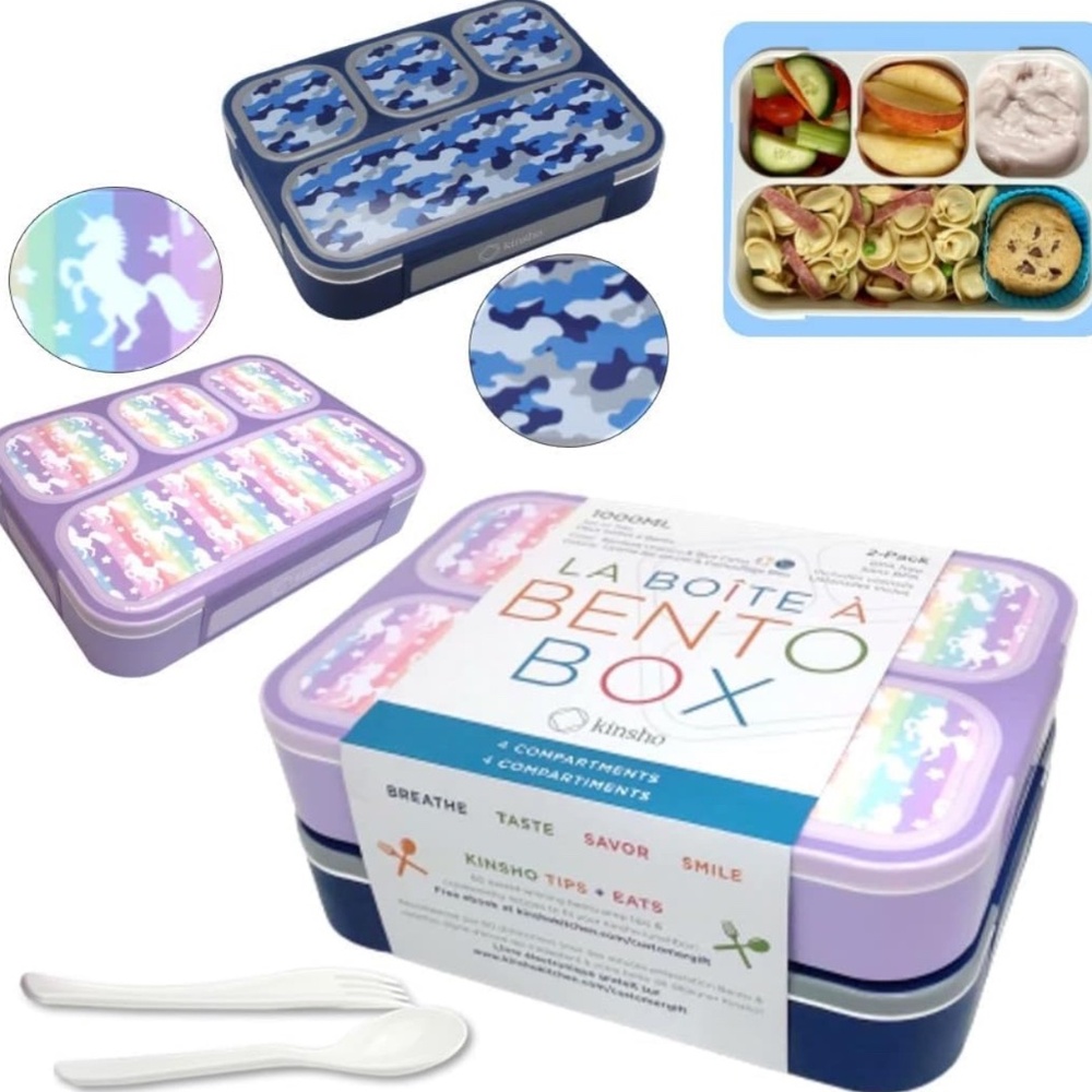 Kinsho La Boite A Bento Box Set Of 2 Unicorn & Blue Camo Utensils Food Storage
